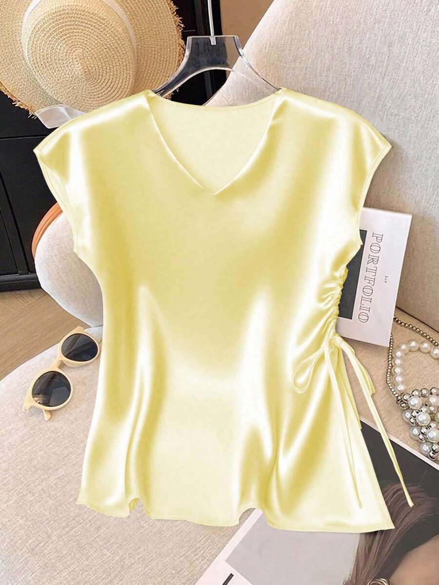 GlowEve CURVE Woven Satin Drawstring Fitted Crew Neck Shirt - Yellow - View 1