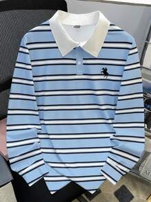 Manfinity Joysei Men's Blue Fresh Striped Polo Shirt, New Collegiate Style - Blue - View 1