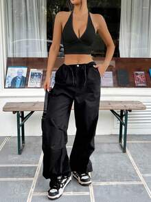 SHEIN EZwear 黑色實色無背心連身上衣 - 黑色 - 查看 5