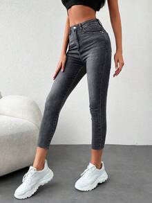 EURMUSE 97% Cotton Solid Skinny Cropped Jeans - Dark Grey - View 4