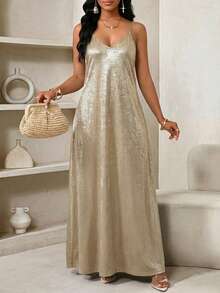 SHEIN Lady 女士加长连衣裙 - 金色 - 查看 5