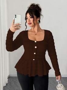 SHEIN Elenzya Plus Size Women's New Spring/Summer/Autumn Casual Commute Travel Shirt, Textured Fabric Asymmetric Hem Bell Sleeve Side Metal Decor Design, Autumn - Brown - View 1