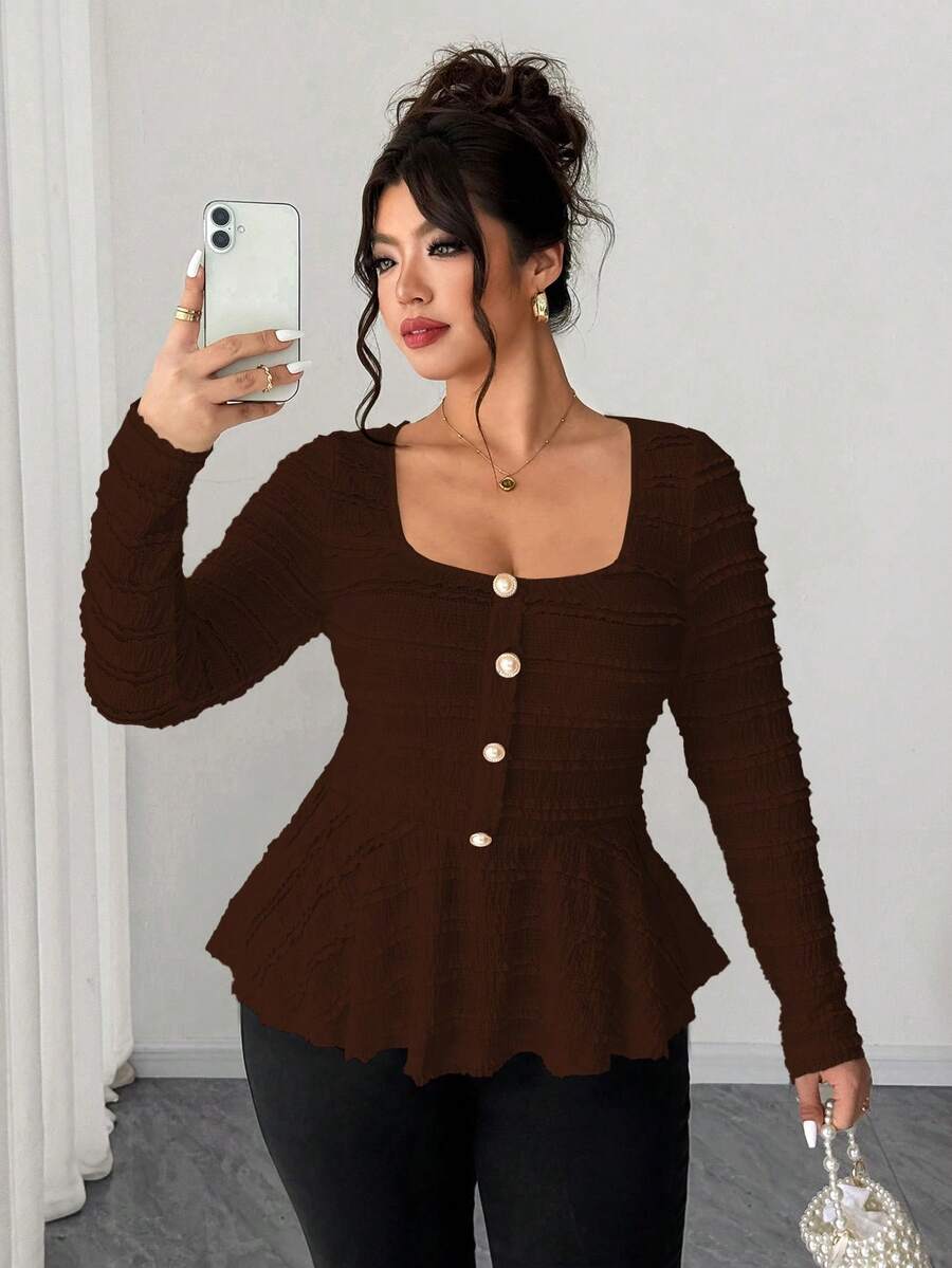 SHEIN Elenzya Plus Size Women's New Spring/Summer/Autumn Casual Commute Travel Shirt, Textured Fabric Asymmetric Hem Bell Sleeve Side Metal Decor Design, Autumn - Brown - View 1