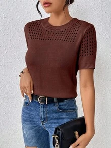 EMERY ROSE 女士圆领纯色短袖针织上衣，适合夏季和新年穿着 - 咖啡棕 - 查看 4