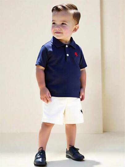 2pcs Toddler Boys' Casual Gentleman Preppy Style Set, Navy Knit Short Sleeve Polo Shirt And White Elastic Waist Shorts With Embroidered Horse Design, Soft And Comfortable Fabric, Fashionable And Handsome, Suitable For Commuting, School, Dining, Party, Daily Casual Wear And Outdoor Activities, Essential For Summer And Back To School Season Toddler Polo Shirt Preppy Baby Boy Clothes Baby Boy Golf Clothes