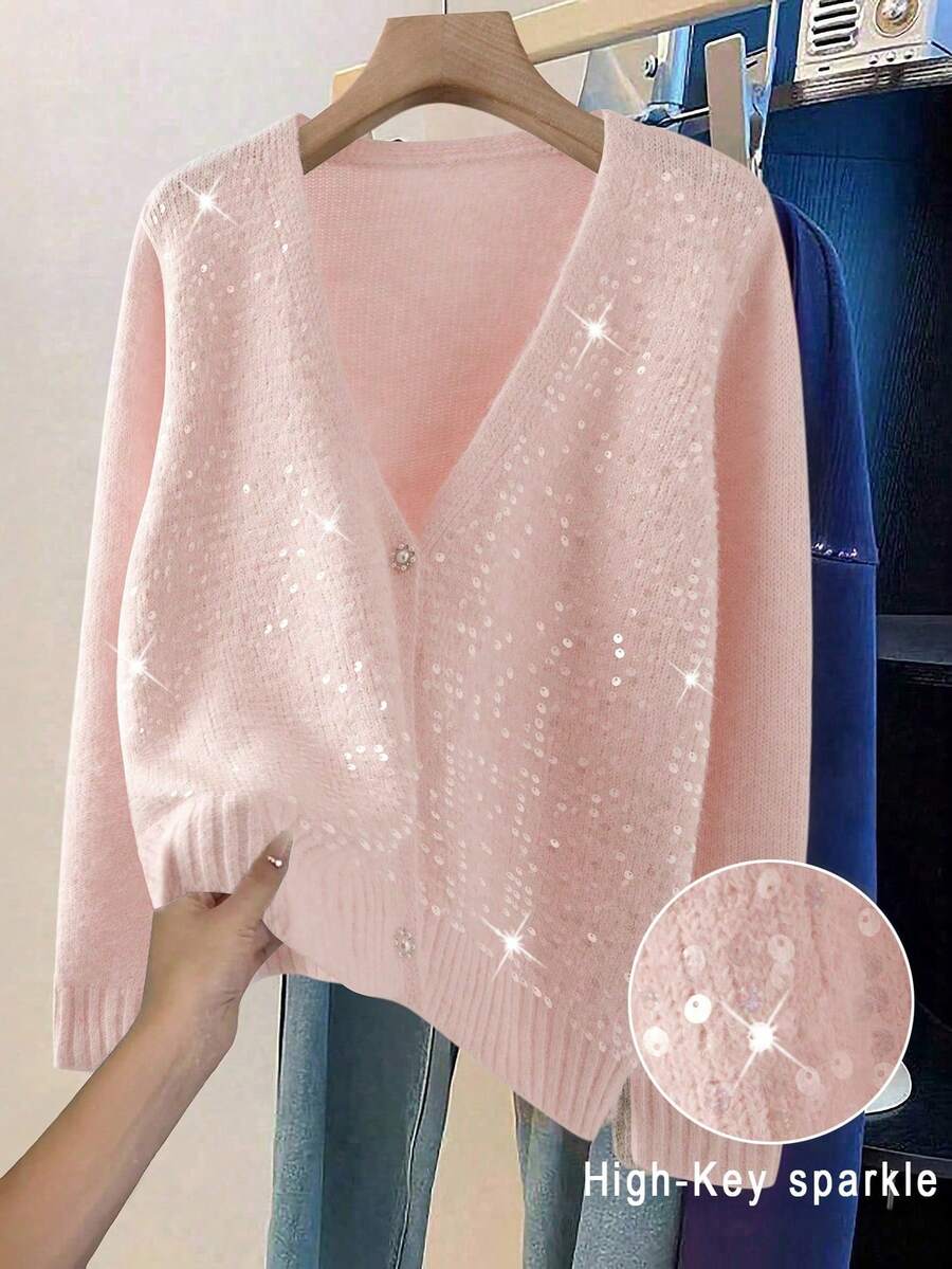 GlowEve CURVE Soft & Shiny Sequin V-Neck Cardigan, Cozy & Stylish For Autumn/Winter - Pink - View 1