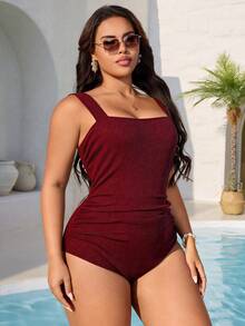 Swim Vcay Plus Size Women's Solid Color High Elasticity Ribbed Fabric Fitted One-Piece Swimsuit With High Neckline - Burgundy - View 4