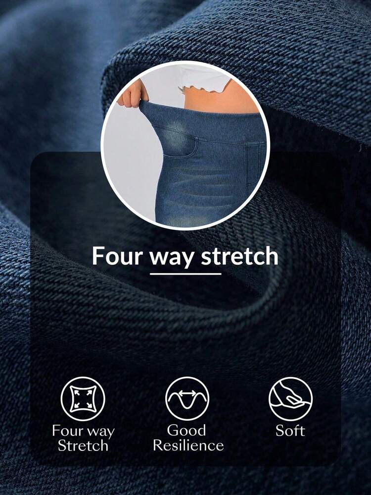 Flexra Pantalones de punto lavados versátiles y casuales para mujer de talla grande - Neblina azul - Añade 7