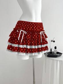 Elamini 1 chiếc váy dự tiệc ngắn thắt nơ ren họa tiết chấm bi đen trắng, dễ thương và thoải mái dành cho nữ - Đỏ và trắng - Xem 4