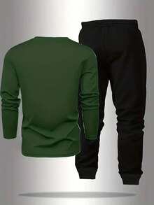 Manfinity Sport Corelite 男士休闲字母图案圆领长袖上衣和裤子运动套装，秋季长袖健身服套装，男士两件套健身套装 - 綠色 - 查看 2