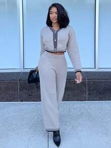 Alexandranx Costum de casă lejer din lână pentru femei, costum de casă confortabil, costum de leisure, set de două piese, seturi de casă pentru femei, 2 piese, seturi de lounge, pantaloni pentru femei, set de două piese, maro, set confortabil de două piese, set de pulover, ținute de toamnă și iarnă, set de două piese, pantaloni, set tricotat, set bej, două piese - Kaki - Vizualizare 5