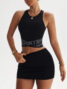 Dewbera 女士无袖紧身健身瑜伽户外运动上衣，带字母编织肩带和交叉肩带 - 黑色 - 查看 7