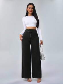 SHEIN Tall 女士高腰休闲宽松阔腿牛仔裤蓝色直筒裤高个女式牛仔裤 - 黑色 - 查看 6