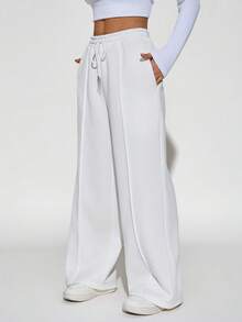 SHEIN PETITE 女士纯色抽绳腰阔腿宽松休闲运动裤，适合毕业季、返校季穿着，也适合教师穿着。 - 彩色 - 查看 9