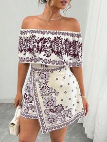 Elenzga 大码夏季休闲印花露肩上衣和裹身裙两件套 - 中紫紅色 - 查看 6