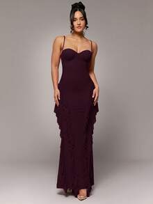 Silquee 红色无袖荷叶边露背连衣裙，饰有金属纽扣和丝带，优雅性感，适合鸡尾酒会、浪漫约会、针织网纱连衣裙、派对、正式聚会、伴娘礼服、夜生活、万圣节、圣诞节等场合，超长款连衣裙 - 紫紅色 - 查看 3