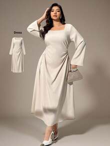 Auralis Váy suông chữ A cổ vuông tay dài ôm vừa vặn cỡ lớn thời trang thu đông dành cho nữ, thích hợp cho tiệc trang trọng, tiệc tùng, đi làm, thanh lịch lãng mạn, công sở, phong cách nàng tiên cá, tiệc sinh nhật - Màu be - Xem 5