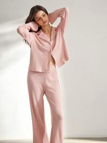 Ocili Soft & Comfortable Waffle Texture Simple Shell Button Baby Pink Long Sleeve & Pants Collar Placket Casual Women Pajama Set - Pink - View 8