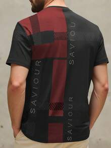 SHEIN 男士休闲圆领格子字母印花短袖T恤 - 彩色 - 查看 2