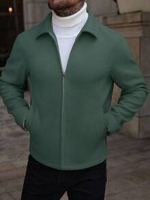 Manfinity CasualCool 男士纯色直肩长袖拉链短款百搭日常外套 - 橄欖綠 - 查看 6