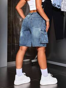 SHEIN PETITE 女士休闲水洗牛仔工装短裤 - 藍色 - 查看 2