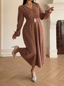 Dazy Plus Vestido elegante de manga larga con cuello en V ajustado y elástico, estilo Gugu, adecuado para banquetes, citas, fiestas, primavera/otoño