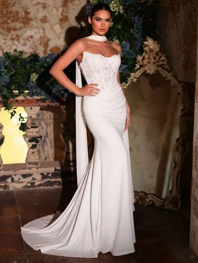 Glamrae 优雅奢华弹力蕾丝泡泡花卉拼接弹力针织褶皱性感抹胸可拆卸挂脖美人鱼长裙，带长拖尾，适合婚礼、活动、单身派对、蜜月、舞会等场合。