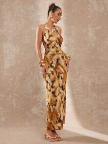 Lumalex 女士动物纹印花多色棕色咖啡金属装饰露背沙滩罩衫连衣裙 - 彩色 - 查看 3