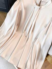 GlowEve CURVE Plus Size Satin High Collar Faux Bow Pleated Long Sleeve Shirt, Elegant For Outings, Commute, Dates, And Gatherings - Apricot - View 3