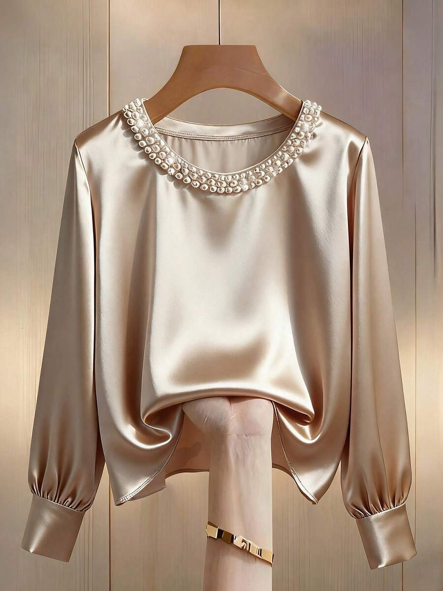 Franclia Áo thun nữ cỡ lớn, màu trơn, thanh lịch, cổ tròn, đính ngọc trai, tay phồng, phù hợp để mặc đi làm. - Màu be - Xem 1