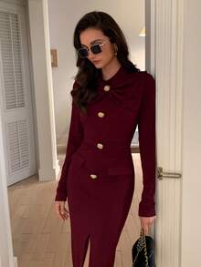 Elyressa A Long Autumn Dress With Elegant Knitted Bow And Romantic Charm For Ladies - Burgundy - View 6