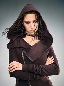 ROMWE Grunge Punk 女士不对称开襟连帽卫衣，做旧设计 - 咖啡棕 - 查看 4