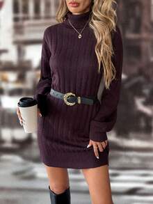 Chiquease Solid Color Turtleneck Ribbed Knit Long Sleeve Sweater Dress - Red Violet - View 8