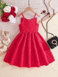 SHEIN Young Girl' Textured Fabric Bow Decor Dress - Red - View 2