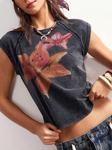 Bohemela Women's Summer Casual Floral Printed Cape Sleeve Slim Fit Washed T-Shirt, Christmas Floral New Year Holiday T-Shirt, Suitable For Casual Outings, Girls' Gatherings, Music Festivals, Parties, Layering, And Relaxing At Home. Party Top, Beach ,Graphic Tee, Everyday, Summer For Women, Easter, Rave Festival, Concert Women's Style, Music Holiday Holiday, Graphic Tee - Black - View 7