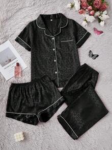 LuxeNights 3pcs Women Elegant Leopard Jacquard Collar Short Sleeve Shorts & Long Pants Faux Silk Pajama Set - Black - View 7