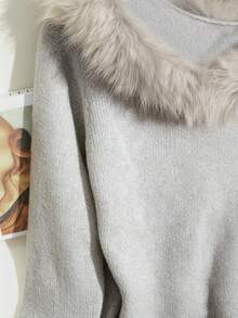 SHEIN Franclia Women's Minimalist Fashion Fur Collar Patchwork Raglan Sleeve Solid Color Knit Pullover Sweater, Autumn/Winter - Light Grey - View 4