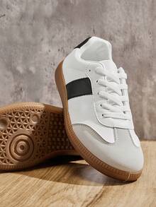 Solezae #Retro Play Women's Round Toe Gum Sole Vegan Suede White Black Sneakers – Sporty Stripes, Cushioned Comfort, Perfect For Everyday Streetwear Look. For Christmas - White - View 6