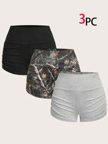 SHEIN EZwear 春夏新款休闲短裤套装，适合外出、日常穿着、派对、音乐节、返校、毕业典礼、度假、街头风、休闲、购物、城市漫步、运动、瑜伽、健身、网球等多种场合穿着，可外穿或内搭，高弹针织面料，褶皱设计，黑色、灰色迷彩印花，三件套，大码尺码 - 彩色 - 查看 13