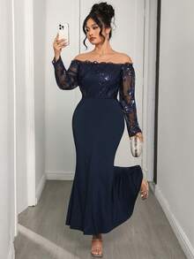 Modelyn Vestido longo de manga comprida, ombros à mostra, elegante, com glitter e lantejoulas, justo ao corpo, para mulheres plus size, adequado para uso em festas, passeios e reuniões familiares - Azul - Visão 3
