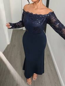 Modelyn Vestido longo de manga comprida, ombros à mostra, elegante, com glitter e lantejoulas, justo ao corpo, para mulheres plus size, adequado para uso em festas, passeios e reuniões familiares - Azul - Visão 4