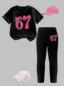 2pcs/Set Baby Girls Casual Fashion T-Shirt & Leggings Set, Bow & Digit 67 Pattern, Loose Round Neck Short Sleeve Tee And Pants, Comfortable Outfit For Spring/Summer, Suitable For Outdoor, Casual, School, Party, Gift - Black - View 2