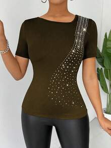 Chiquease Áo thun nữ cổ tròn tay ngắn đính đá Rhinestone (Thiết kế đính đá Rhinestone) - Cà phê nâu - Xem 6