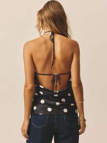 Aralina Áo hai dây chấm bi hở lưng thời trang đa năng cho tiệc tùng và kỳ nghỉ dành cho nữ - Đen và trắng - Xem 2