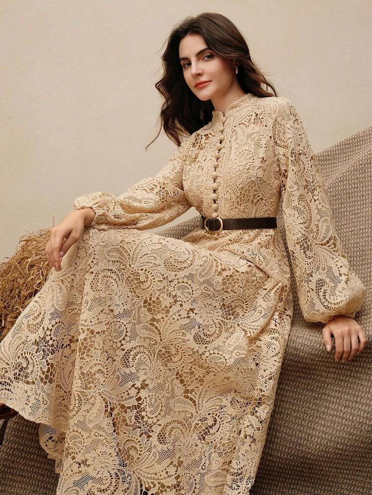 Women's Elegant Embroidered Collar Belted Dress