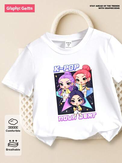 GraphicGems Girls White Short Sleeve Cartoon Character Printed T-Shirt, Cute K-Pop Design, Ideal For K-Pop Fans And Everyday Wear, Soft Stretchy Fabric, Casual Streetwear Style