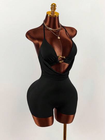 Amplova Y2K Women's Solid Color Metal Decor Hollow Out Sexy Halter Neck Romper Unitard Beach Outfit Summer Casual Women Outfits Summer Vacation Outfits  Spring Outfit Women Beach Outfit Bodysuits For Women Romper Black Bathing Suit Women  Rompers For Women Sexy Summer Bodysuits  For Women Spring Outfit Women Valentine Outfits For Women Party Bodysuits