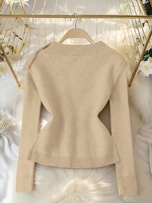 Franclia Elegant Metallic Starfish Button Cardigan With Oversized Collar, Waist Cinching Design, Flattering Fit - Inspired By European Fashion Blogger Styles - Khaki - View 2