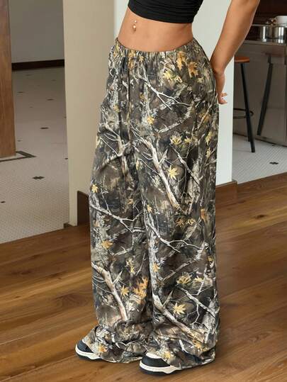 SHEIN EZwear 女士时尚迷彩印花阔腿裤