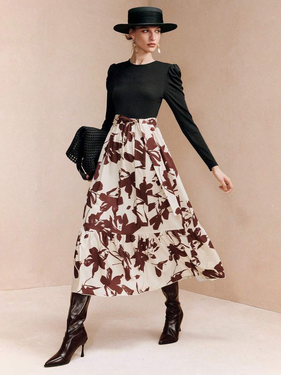 EMERY ROSE Maxikleid für Damen mit Blume Muster, Puffärmeln und Gürtel - Verschiedenfarbig - Übersicht 1